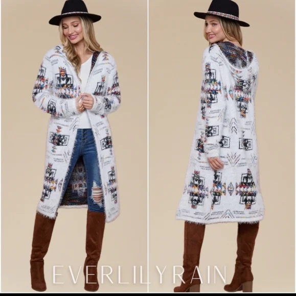 Everlily Rain Aztec fuzzy midi cardigan coat. - Picture 1 of 4